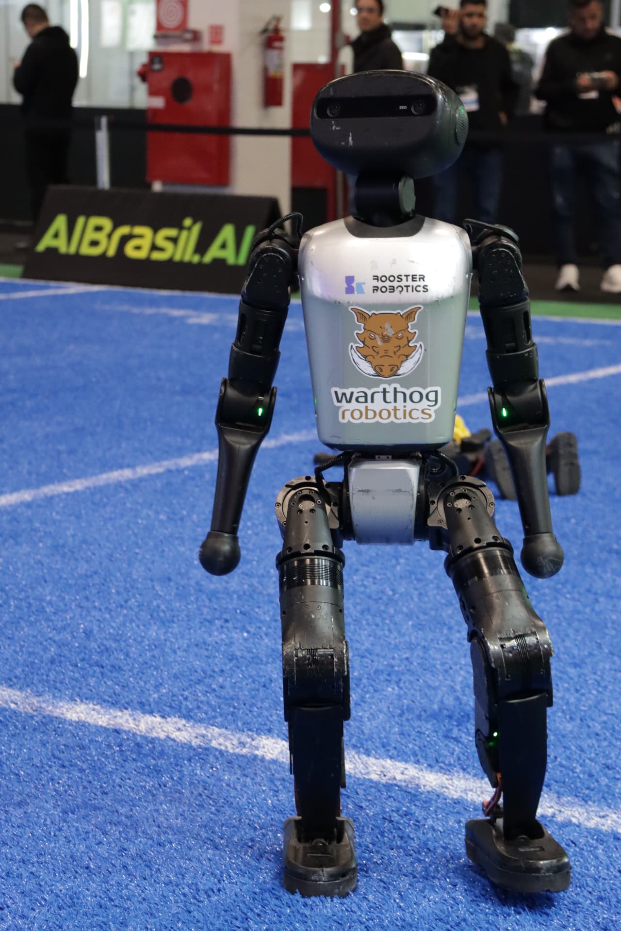 Robô humanoide de frente em um campo azul